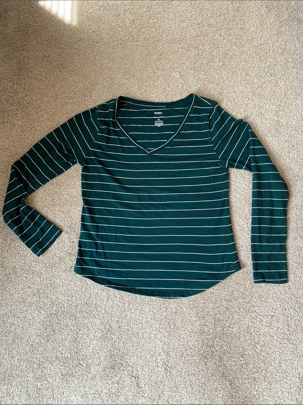 Sonoma Dark Green & White Striped V-Neck Long-Sleeve Top